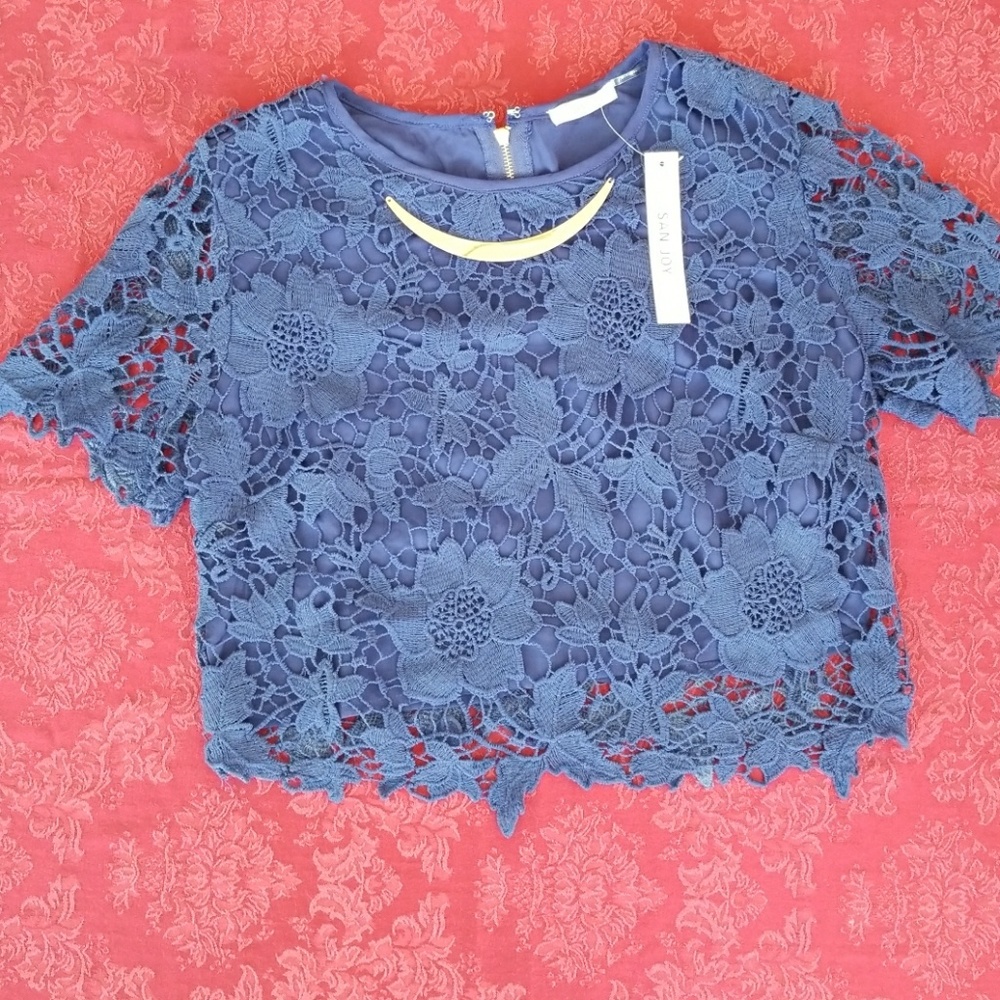 Blue lace crop top w/necklace