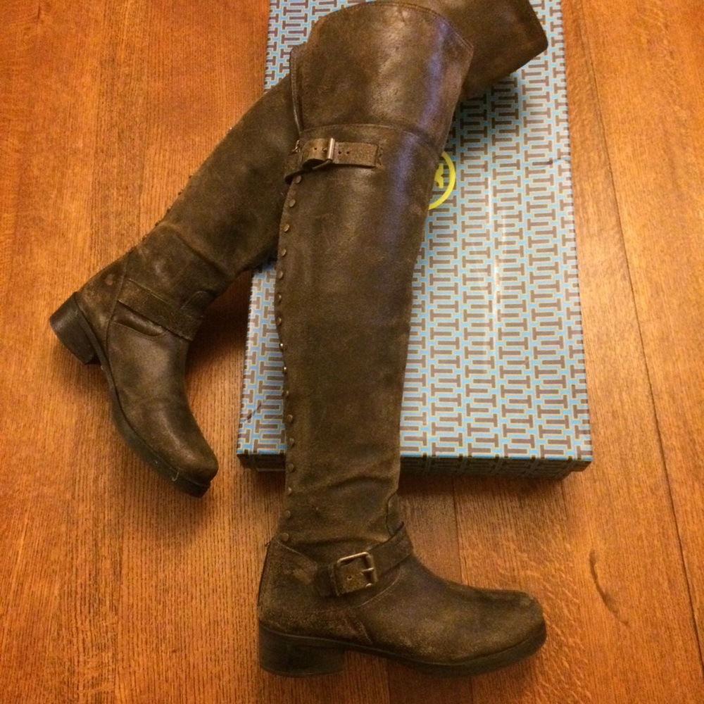 Tory Burch Over the Knee Moto Boot in Brown Suede