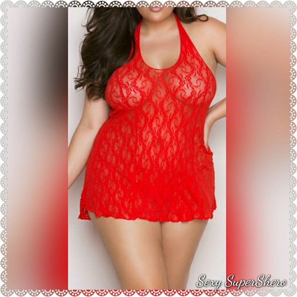 🆕 Lacey Sexy Halter Mini dress lingerie Red