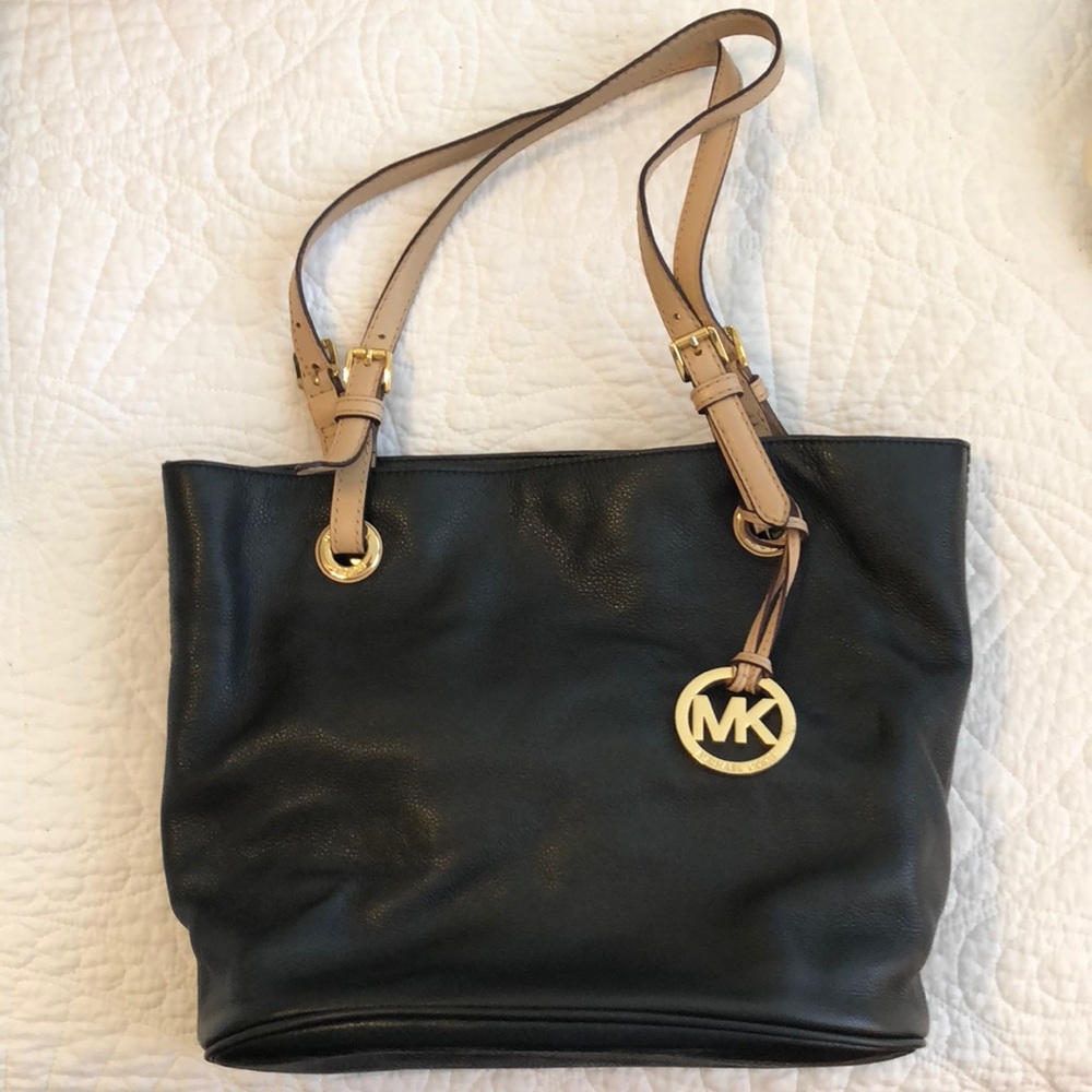 Michael Kors Black Leather Tote with Gold Hardware