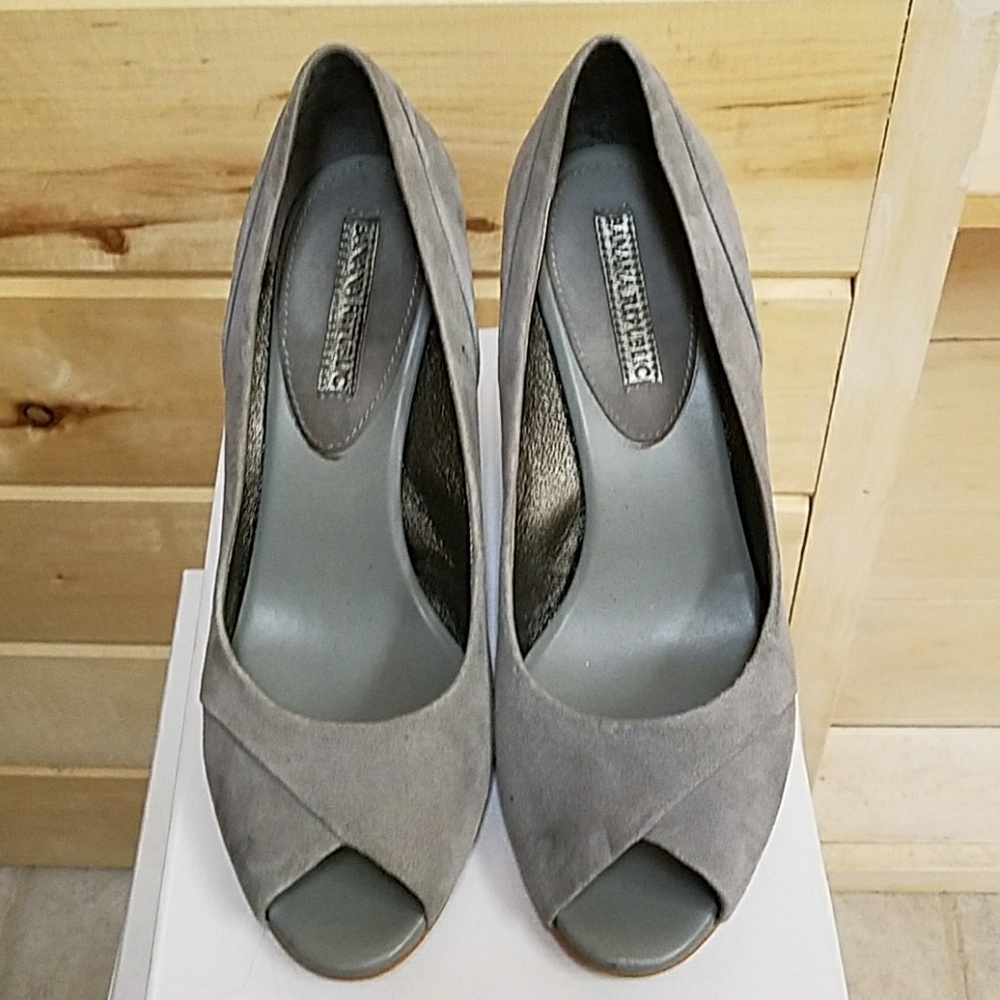Grey suede peep toe wedges