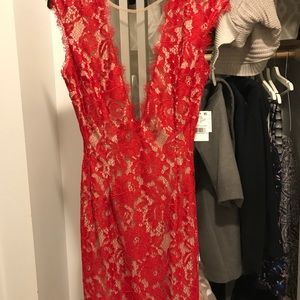 Aidan Mattox Lace Deep V Neck Line Open Back Dress