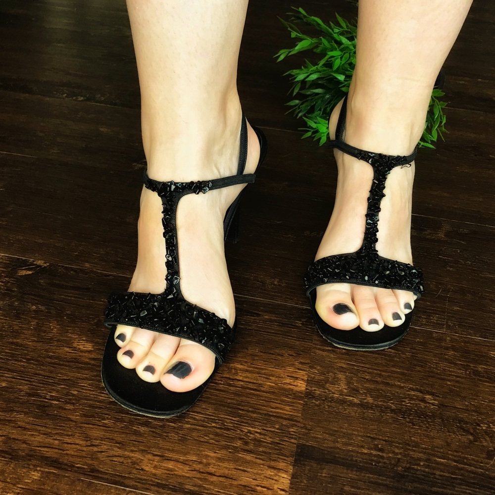 Gucci Black Beaded Canvas Leather H-Strap Sandals