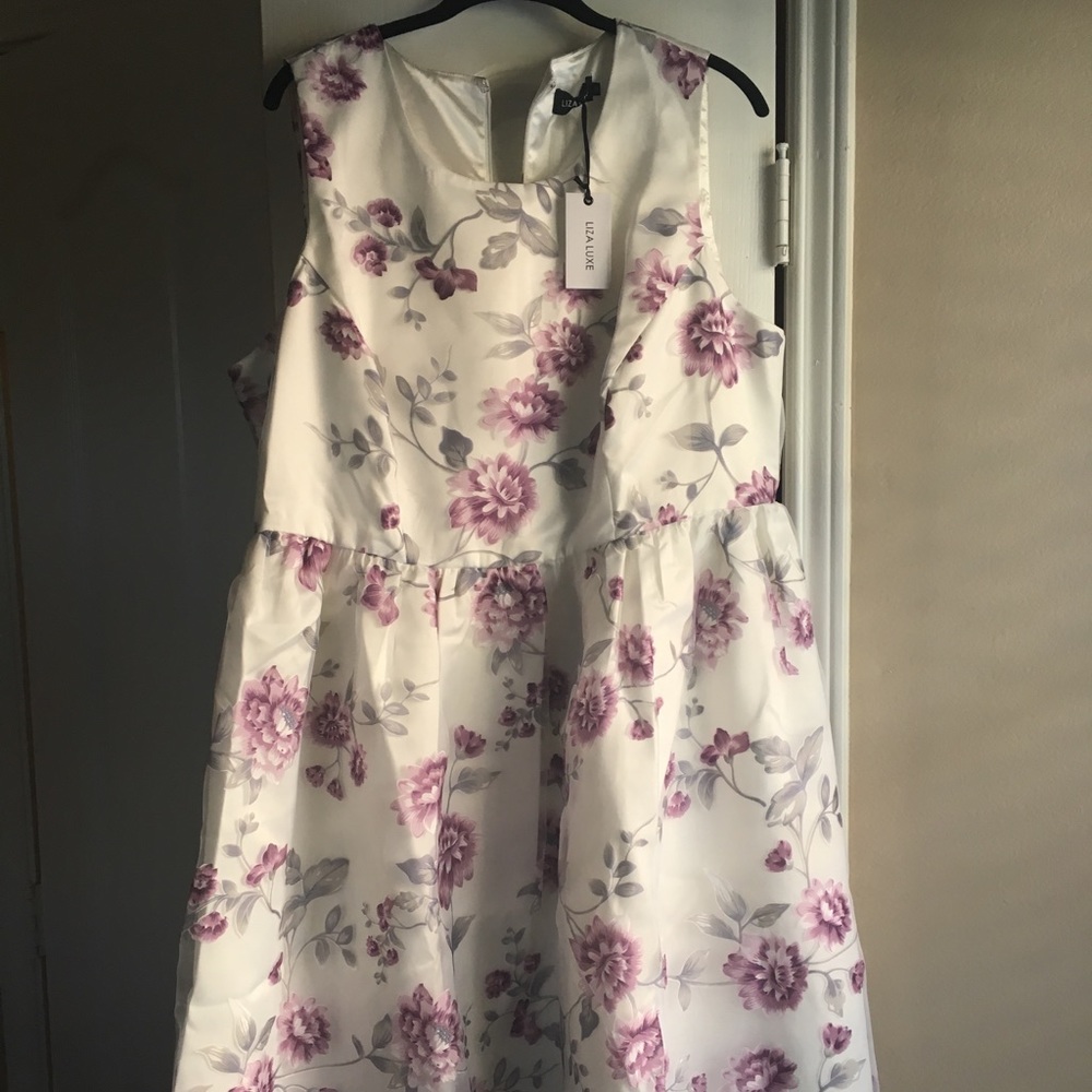 White with lavender floral tulle overlay dress