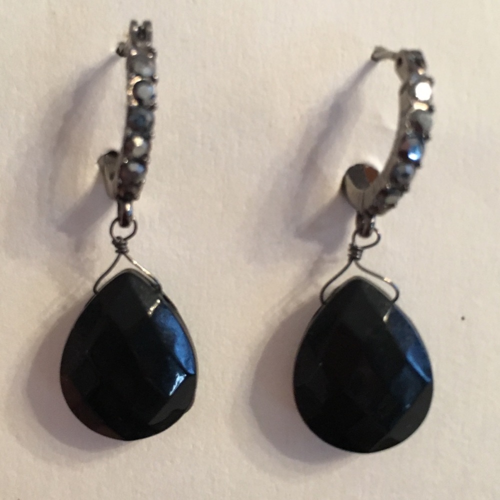Black teardrop and black crystal hoop dangles