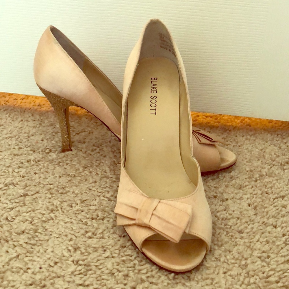 Gold Blake Scott glitter open toe bow heels