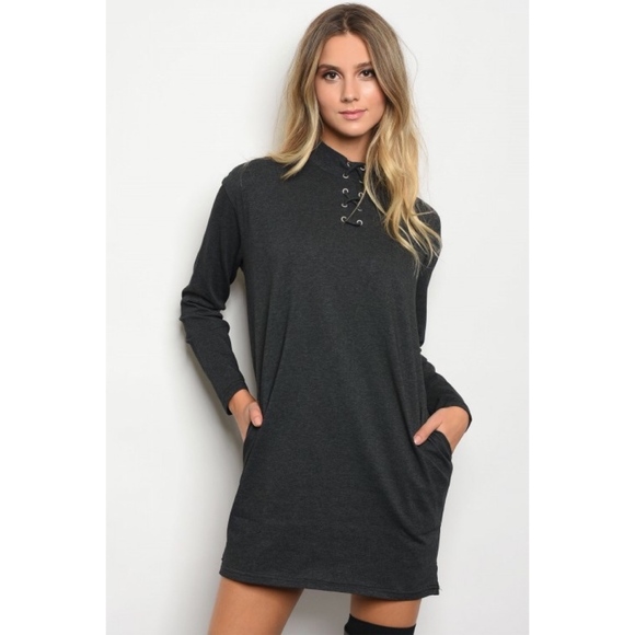 Charcoal Lace Up Pocket Tunic Dress       sold out - Picture 2 of 3