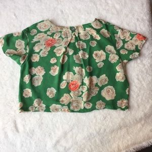 Silk short-sleeved green floral blouse