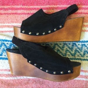 Ecoté black suede studded wooden wedge US 8