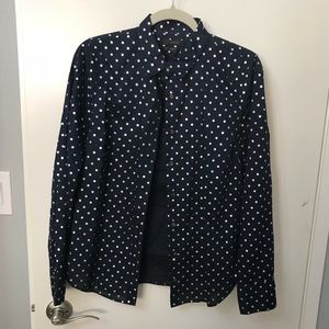 J. Crew navy and metallic polka dot button down