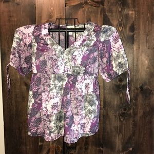 Ann Taylor Loft Purple & Gray Floral Top S