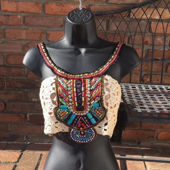 signature8 Tops - Beaded crocheted Signature8 festival crop top