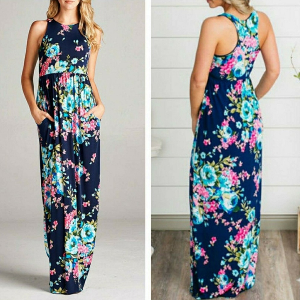 Ladies Floral Maxi Dress with Pockets