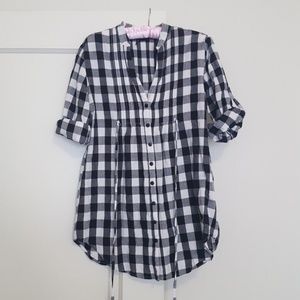 Black and white plaid, button down top.