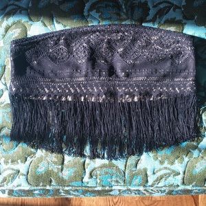 Ecoté black and cream bandeau top w/ fringe