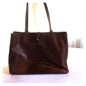 Longchamp brown leather crocodile embossed tote