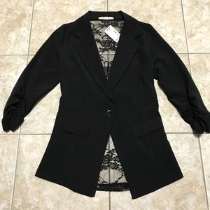 Sold Lace Back Blazer Jacket Black 3/4 Gathered Sleeves