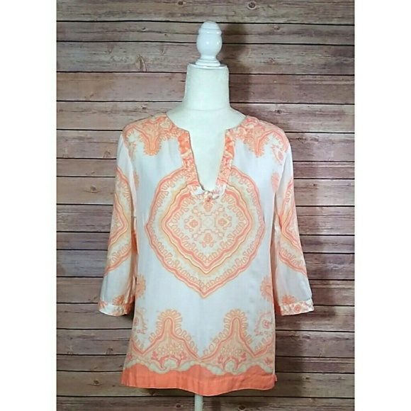 J. Crew Tops - J. Crew white tunic with orange and pink medallion