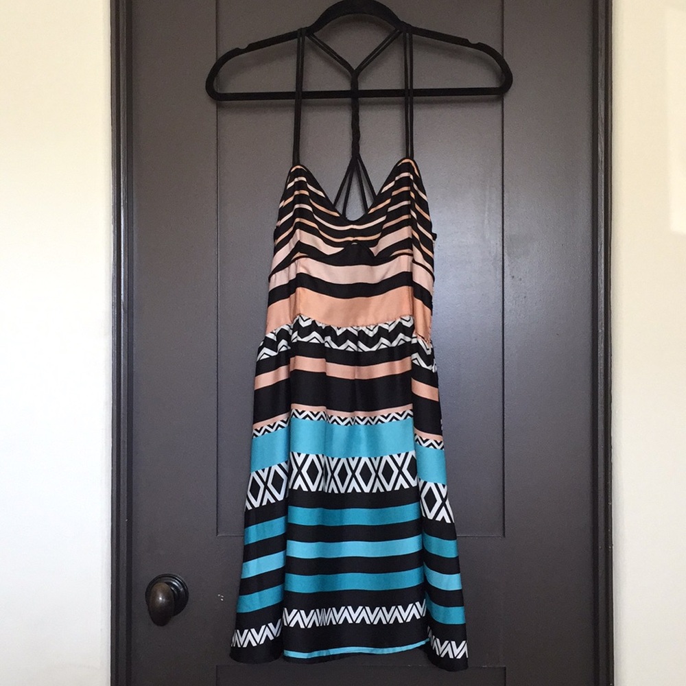 Super cute strappy multicolor dress. Above knee.
