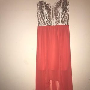 High Low Sequin Dress Gold Peach