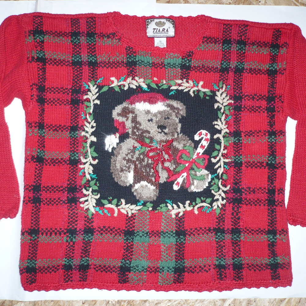 Vintage Cute"Ugly" Size16 ChristmasBearSweaterRedGreenGold