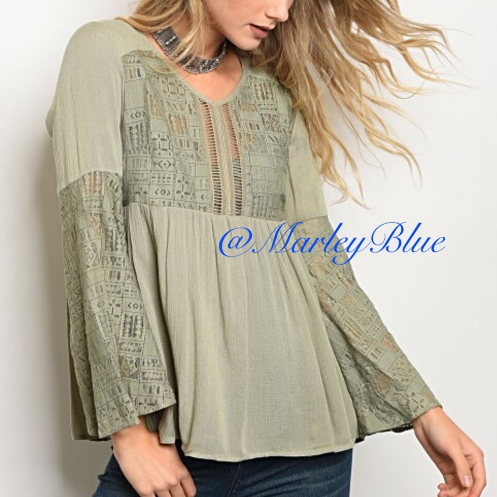 Buy2 Get 1 FREE!!⭐️ Olive Bell Sleeve Babydoll Top
