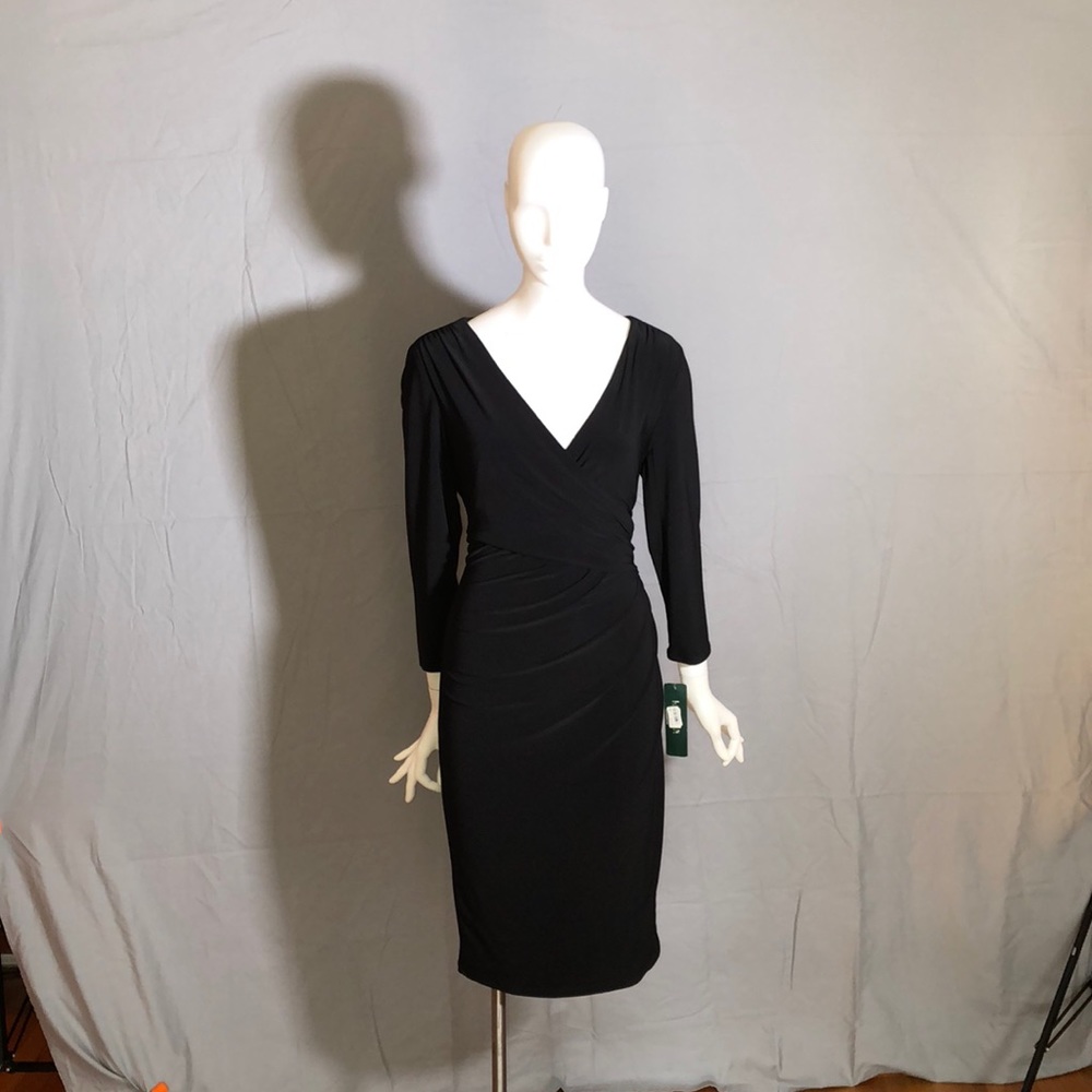 Ralph Lauren Black Faux-Wrap Long Sleeve Dress NWT