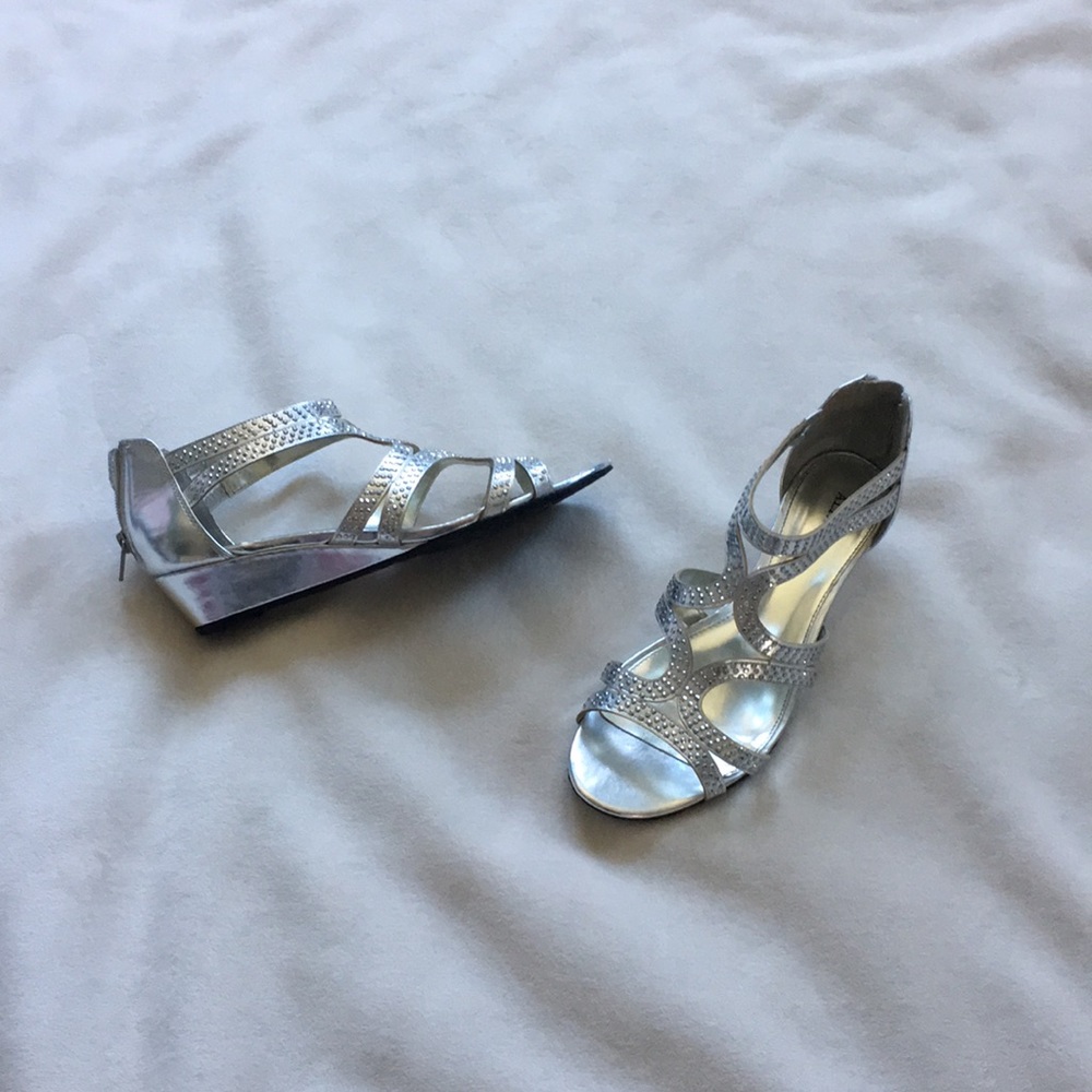 Alfani Silver and Rhinestone Kitten Wedges