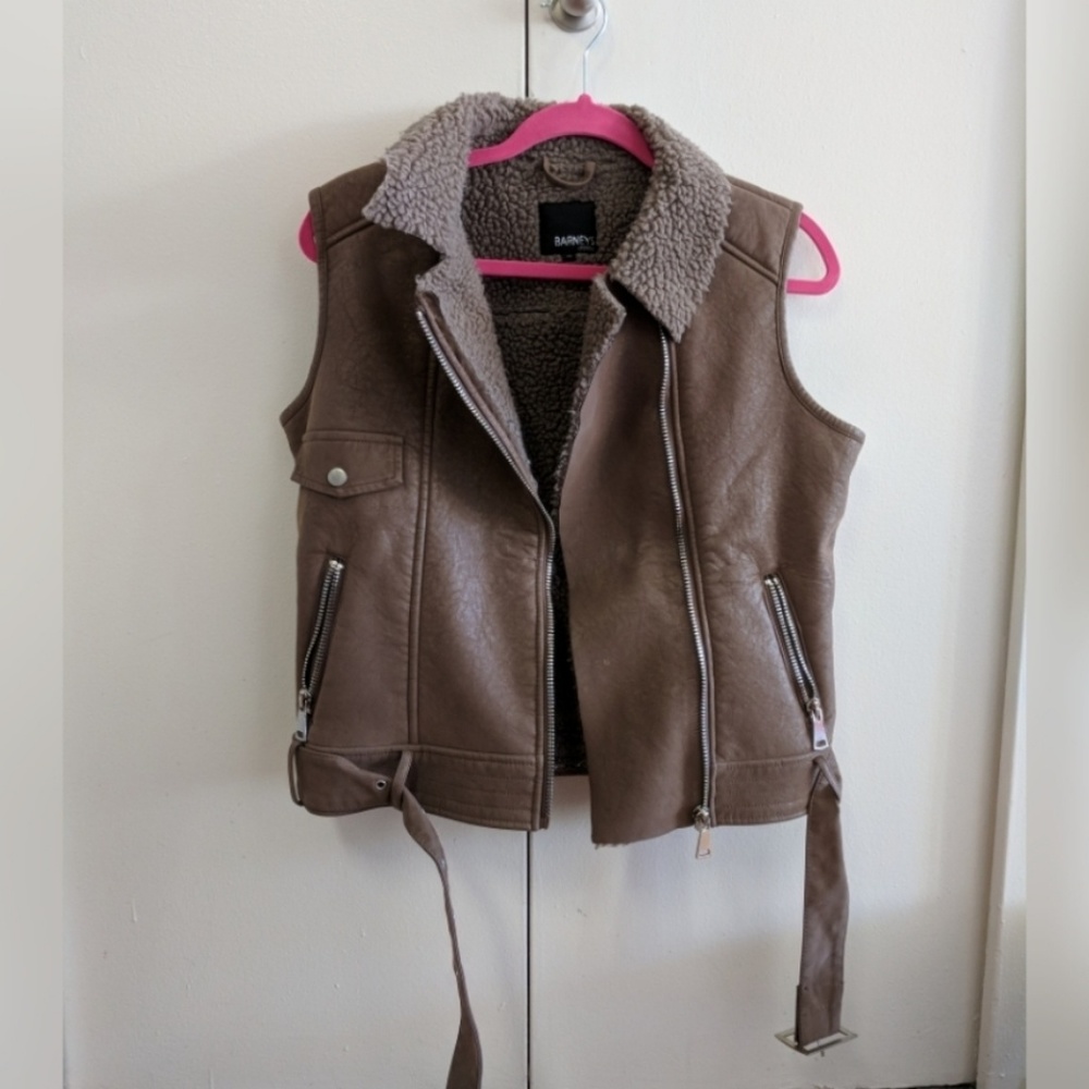 Faux leather and shearling moto vest