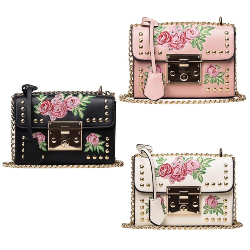 Mini Flower Embroidery Flap Rivet Messenger Bag
