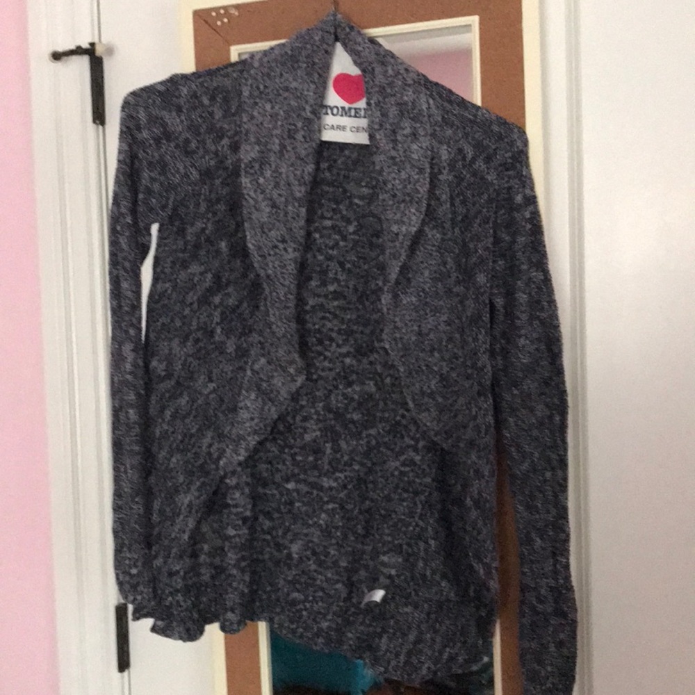 navy and white knit cardigan