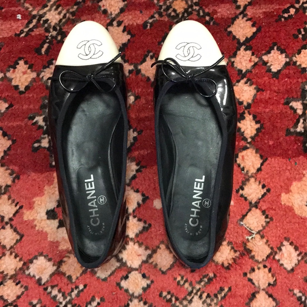 Navy and Cream Patent Chanel Flats