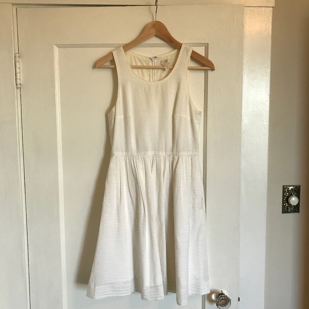 Cream J Crew cotton fit flare dress w/side pockets