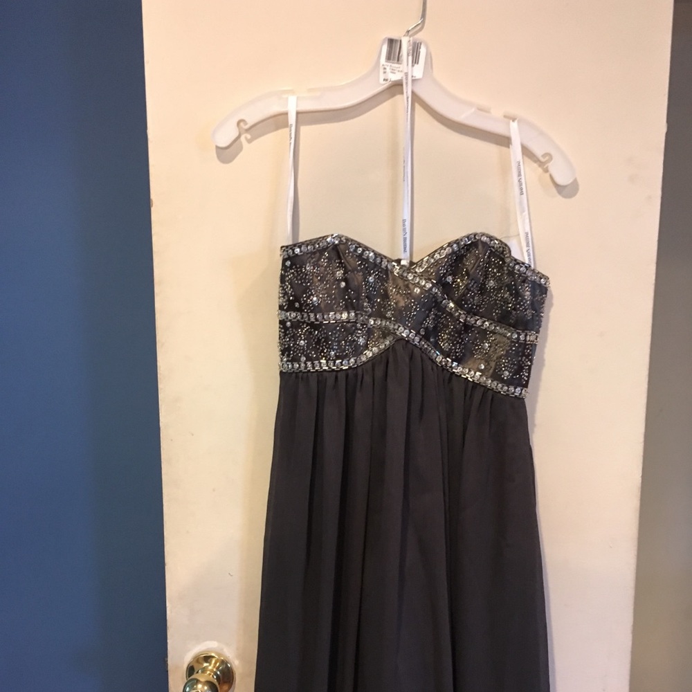 Long, gray David’s Bridal dress