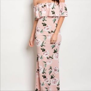 Pink floral ruffle off-the-shoulder dress