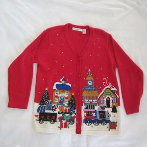 Ugly Women's Christmas Red Sweater M Trains Beads