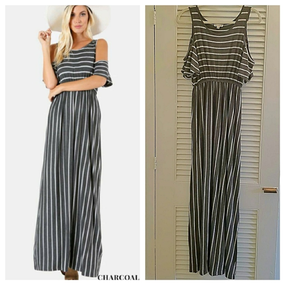 Zenana Outfitters Striped Cold Shoulder Maxi Dress