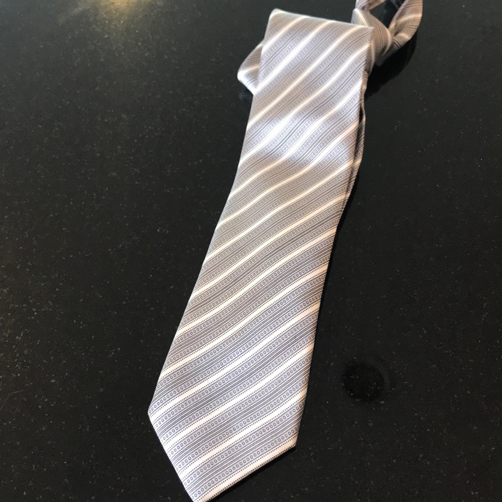 Grey and white striped 100% silk tie