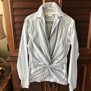 White and blue stripe cotton/nylon/spandex blouse