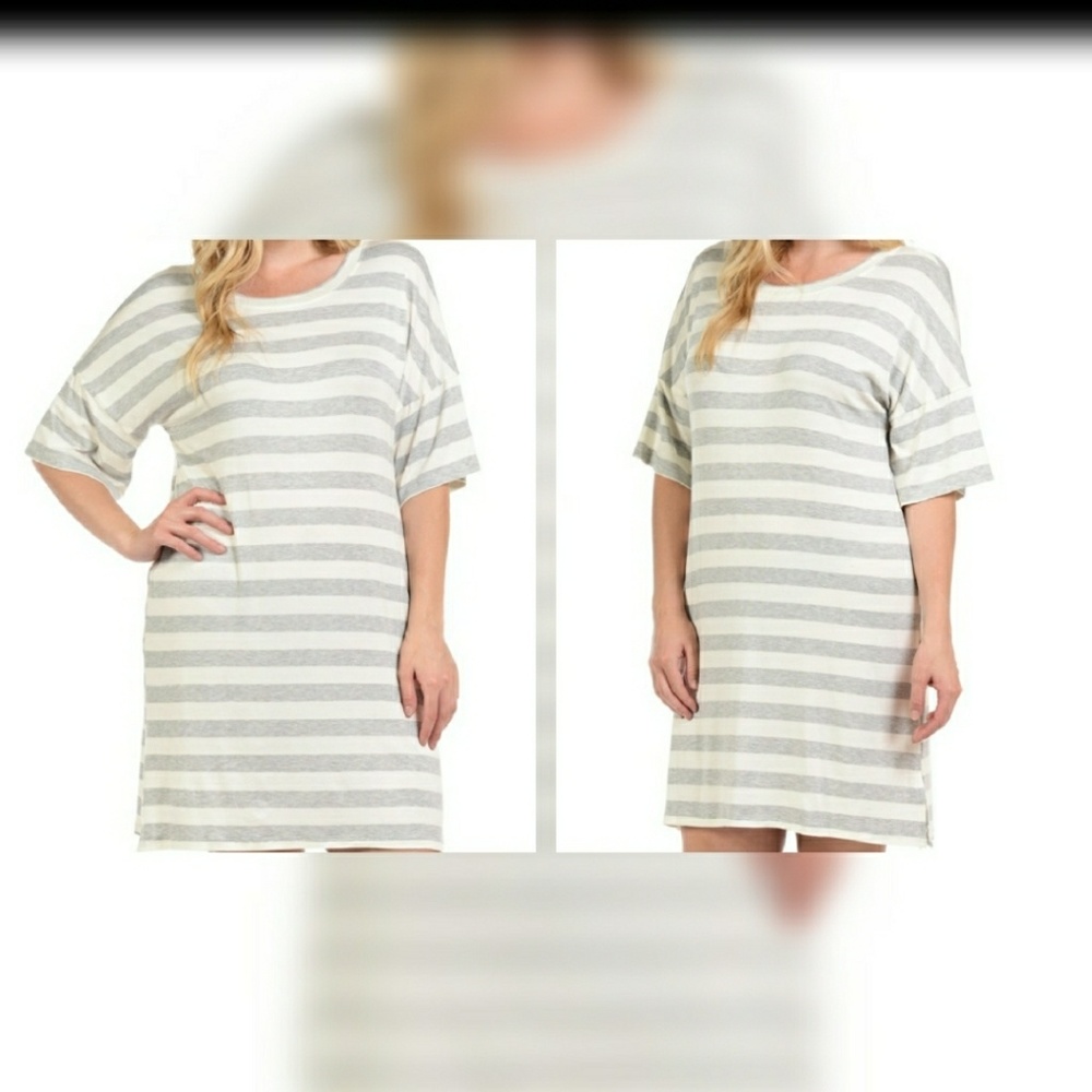 Heather Grey Striped Shortsleeve Scoopneck Dress - Picture 1 of 4
