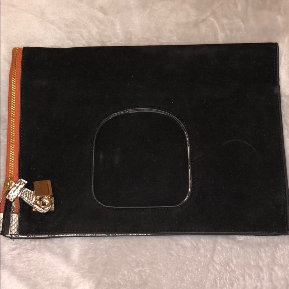 Large black suede clutch
