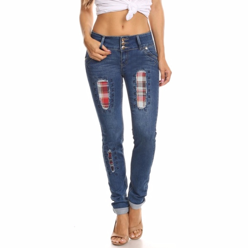 Skinny Jeans destroyed plaid patchwork