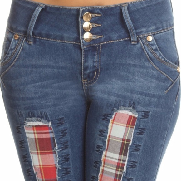 Skinny Jeans destroyed plaid patchwork - Picture 5 of 6