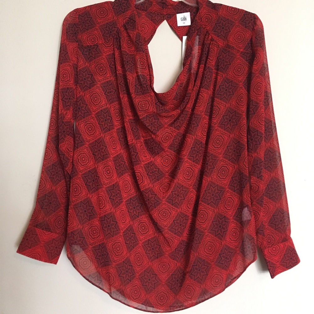 NWT CAbi Diamond Blouse Long Sleeves Open Back Red - Picture 2 of 7