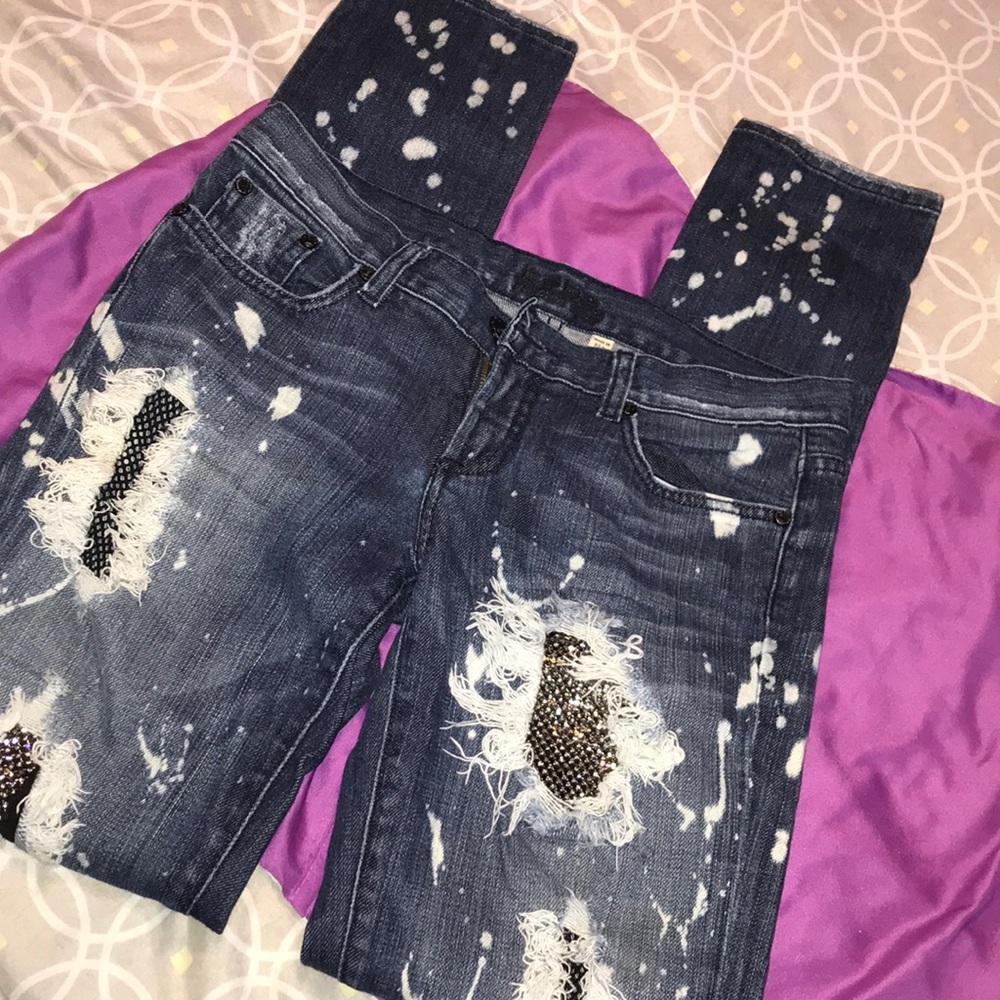 Bebe Jeans bedazzled and fishnet embellishments