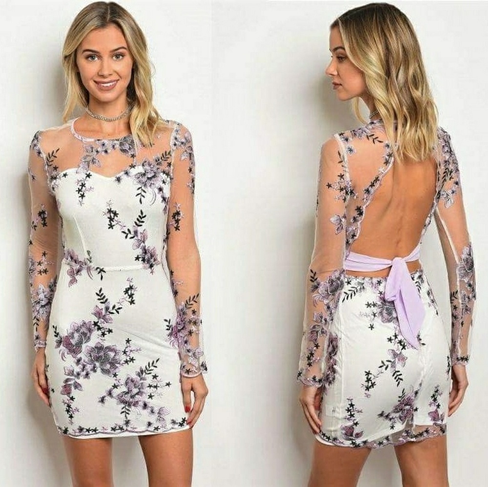 Lavender Mesh Sleeve Glitter Embroidered  Dress
