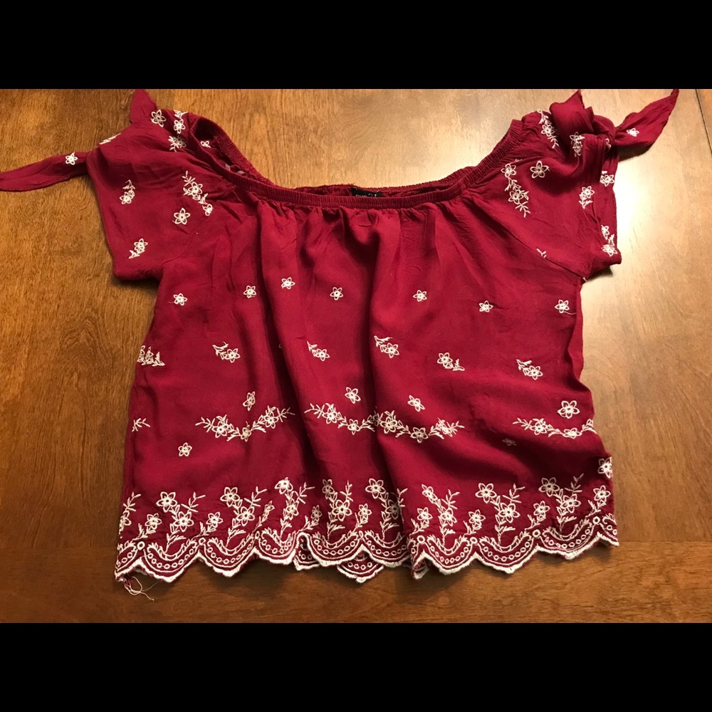 WORN ONCE Burgundy Embroidered Off Shoulder Shirt - Picture 3 of 3