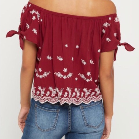 WORN ONCE Burgundy Embroidered Off Shoulder Shirt - Picture 2 of 3