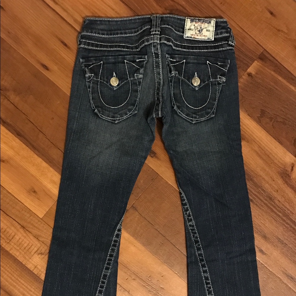 True Religion Flare Dark Blue White Stitch Denim Jeans Sz 25 1