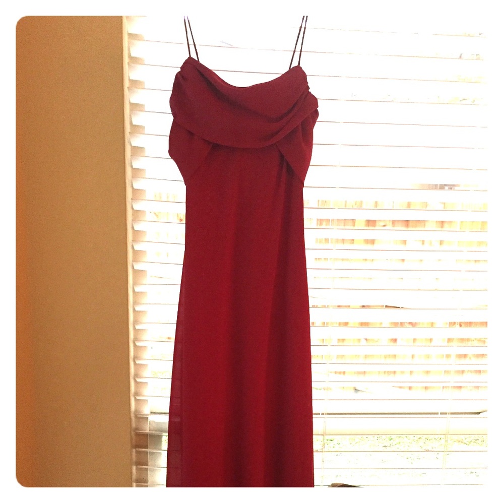 Full-length, burgundy spaghetti strap gown